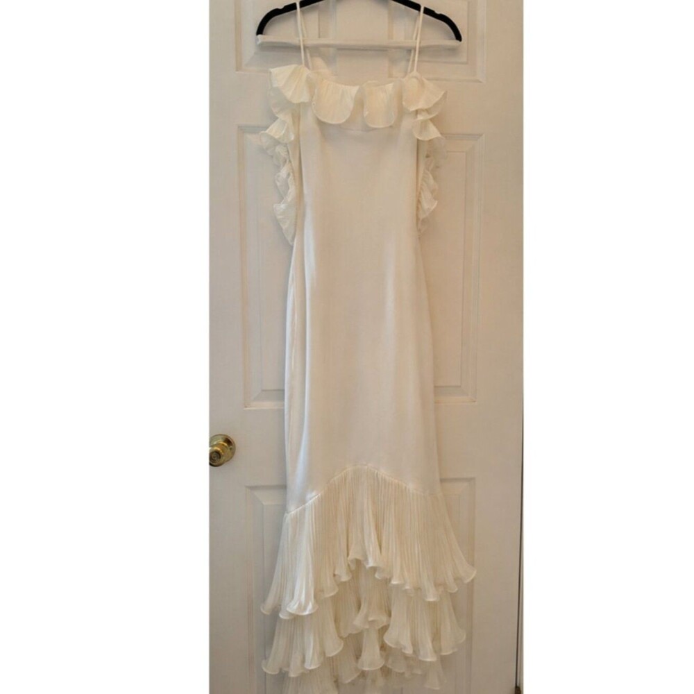 Cream Ruffle Trim Backless Mermaid Maxi Dress Boho Beach Vacation Party Sz M - Picture 9 of 10